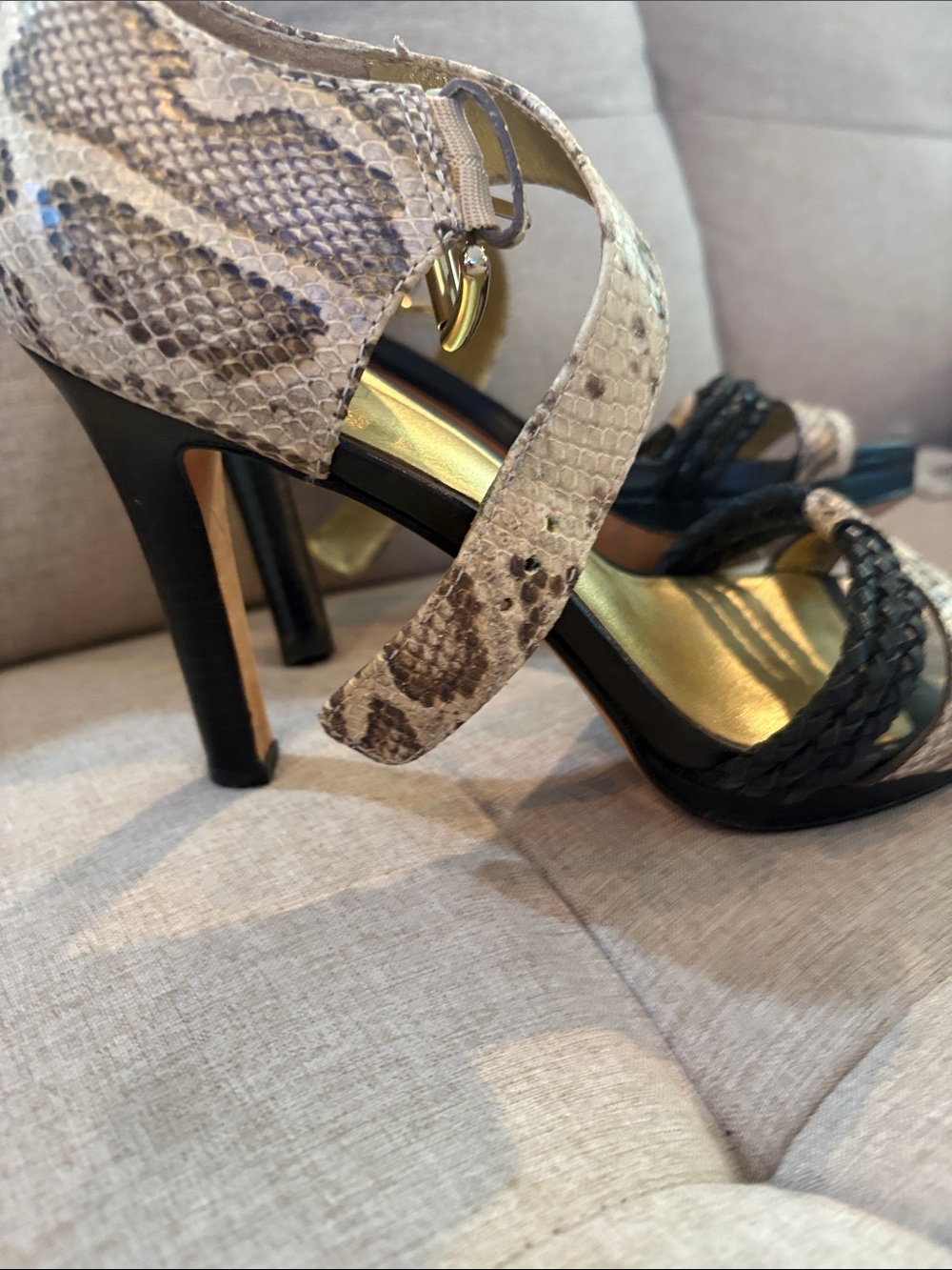 Coach Women's Snake-Print Ankle Strap Sandals in Neutral/Black 4 inch heel - Picture 2 of 3